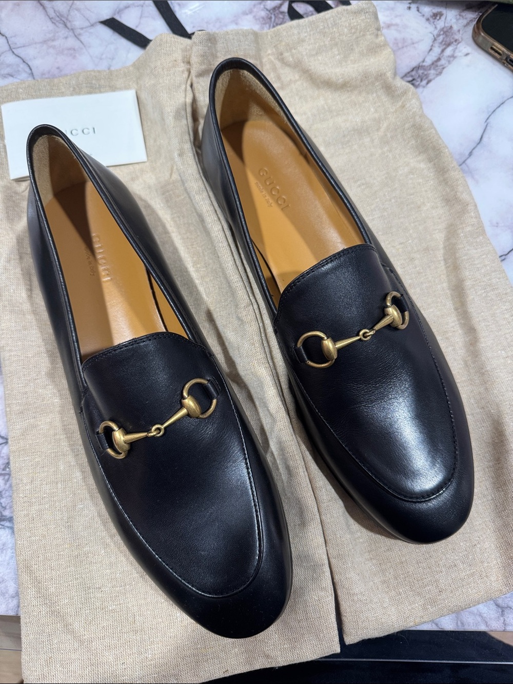 Gucci Black Leather Horsebit Mules with Gold Hardware